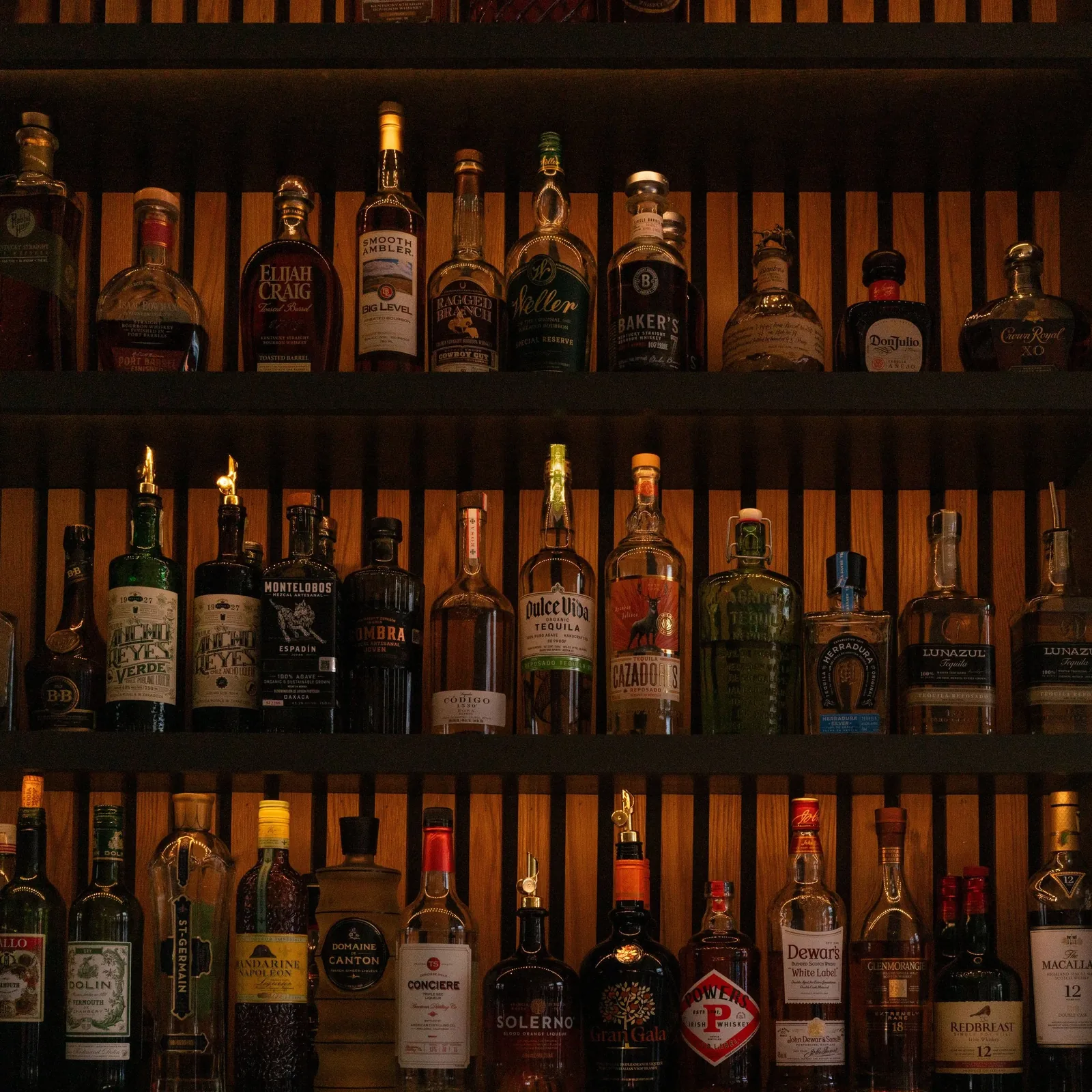 Backlit shelves of bourbon and agave spirits behind the bar
